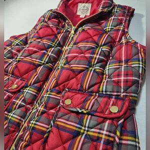St. John's Bay Women's PM Petites Medium Red Plaid Quilted Zip Vest Sleeveless